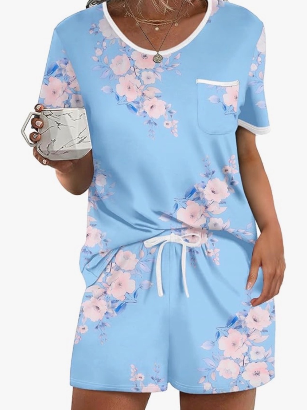 A187 Ekouaer Pajama Set for Women 2 Piece Lounge Set Short Sleeve Tops and Short